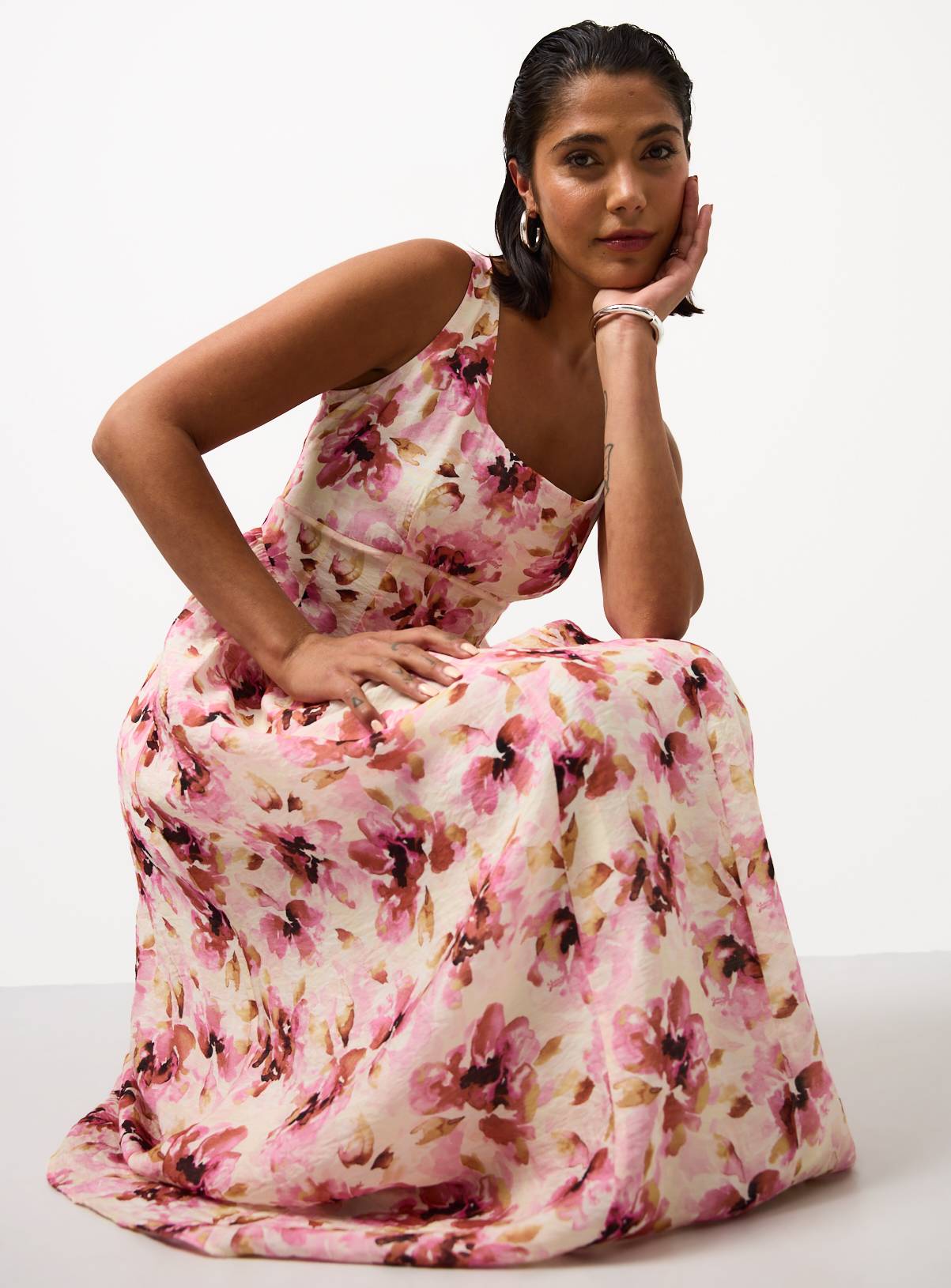 Pink Blurred Floral Print Ruffle Waisted Dress 16 - Image 3